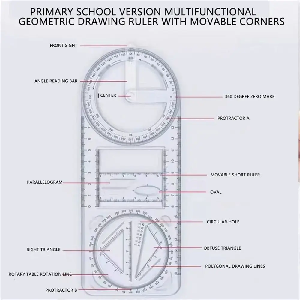 Regla de Dibujo de Ángulos Multifuncional 360 °   Regla de Geometría Móvil de Plástico, Plantilla de Medición y Dibujo para Escuela Secundaria