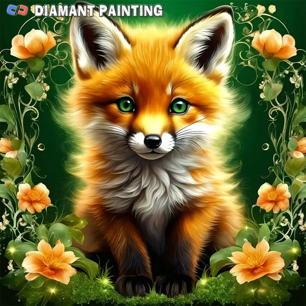 5D Beautiful Flower Jungle Fox Pattern Diamond Painting Set Pack, Animal Series DlY Diamond Painting Mosaic Handmade Art Gift