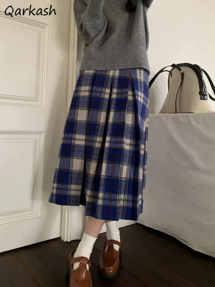 

Plaid Midi Pleated Skirts Women High Waist Autumn Clothing Preppy Japanese Style Students Back Slit Юбка Harajuku Cute Elegant