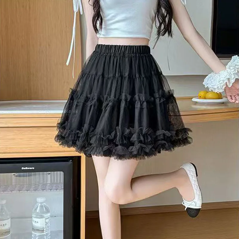 Fashion Sweet Mesh Gray Cake Skirt For Women New Elastic Waist Skirts Spring Autumn New All-match Faldas De Mujer