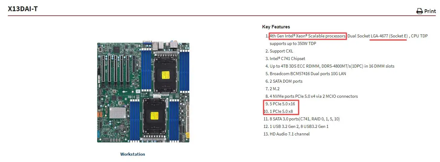 X13DAI-T for Supermicro Motherboard,4th Gen Xeon Scalable Processors,Socket LGA-4677,Broadcom BCM57416 Dual Ports 10G LAN