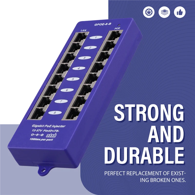 ABAC-Gigabit 8-Port-PoE-Injektor Mid-Span-PoE-Injektor Modus B für Mikrotik UBNT CCTV-Netzwerk zur Wandmontage