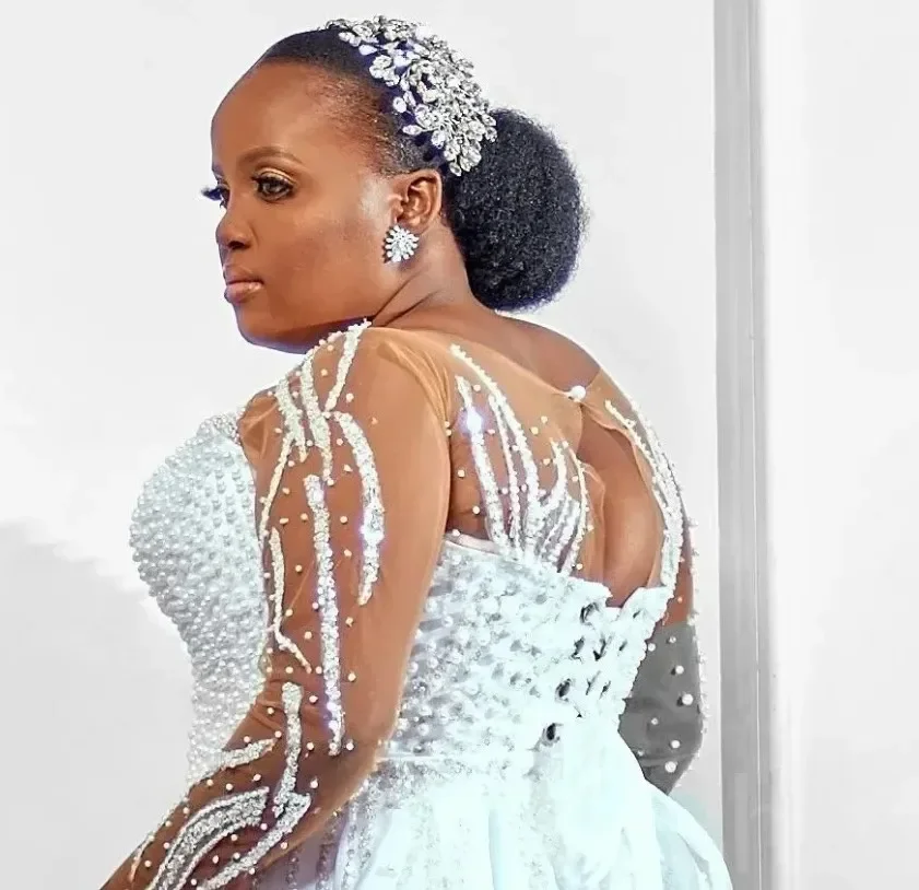 Sparkly Pearls Beads Wedding Dress with Removable Skirt Scoop Illusion Long Sleeves Pearls Beads Tulle Bridal Bride Gown African