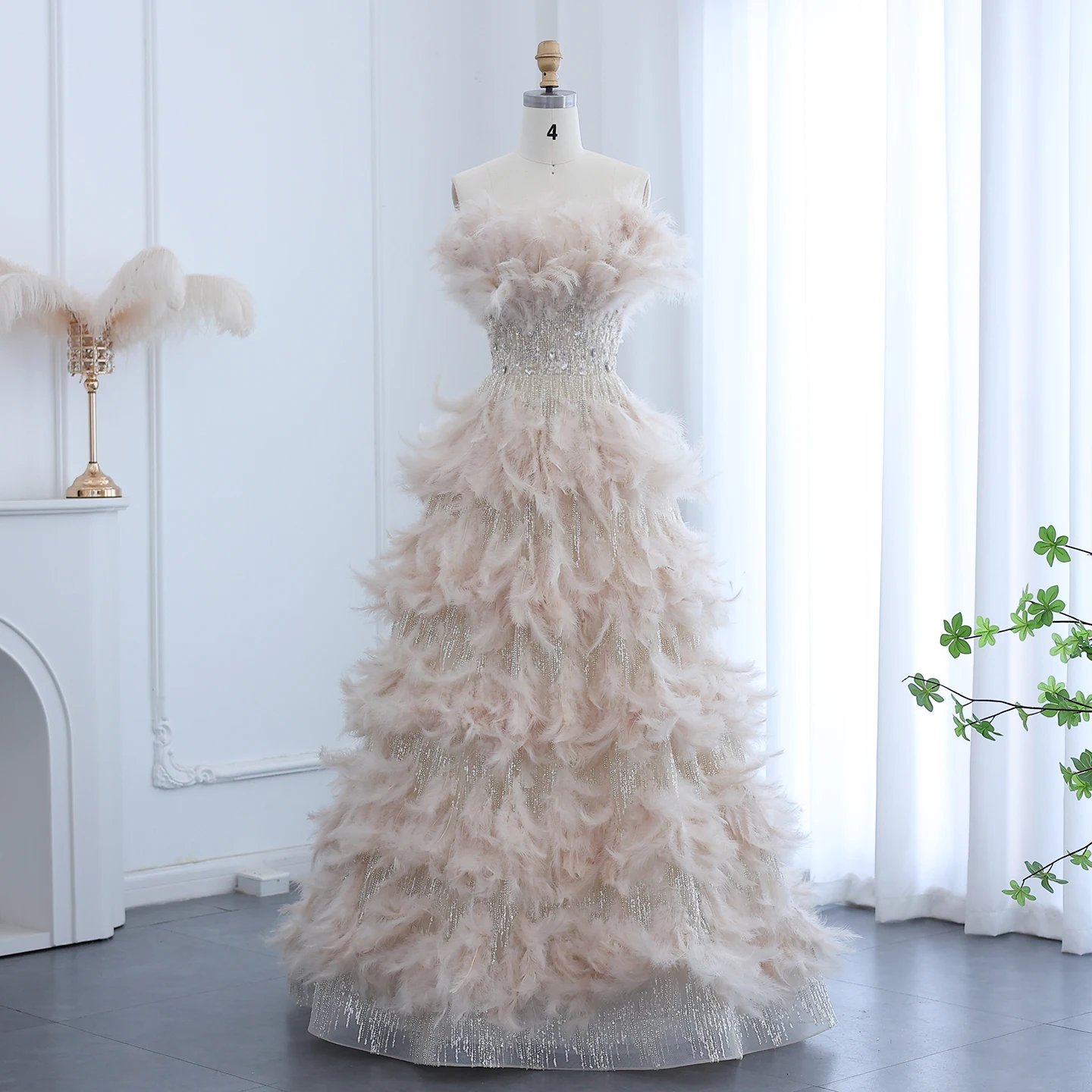 Sharon Said Luxury Feathers Princess Ball Gown Cream Arabic Evening Dress Bubai Wedding Engament Party Dress SS532 Customized