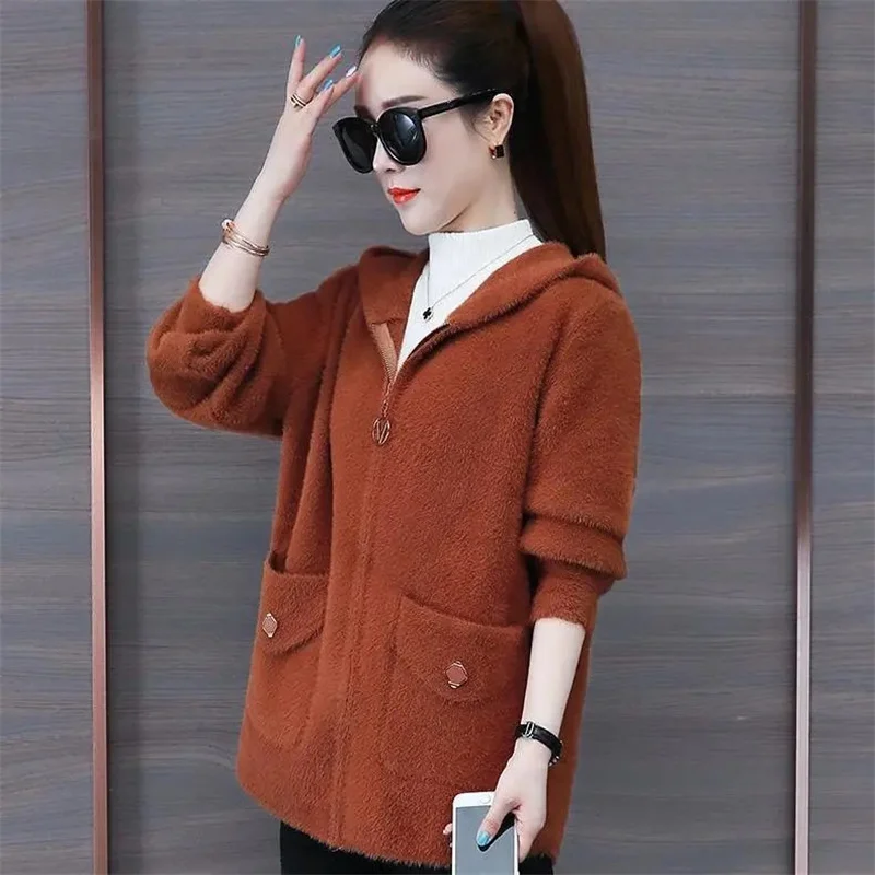 2023 New Autumn/Winter Fashion Temperament Mink Fleece Hooded Short Coat Women\'s Top Small Versatile Outer Coat Female