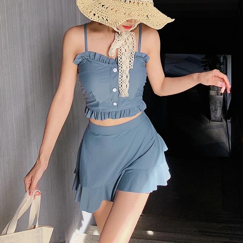 

Sexy Size Chest Gathered Slimming Belly Covering Skirt Style Two Piece Flat Angle Conservative Hot Spring Swimsuit Swimwear