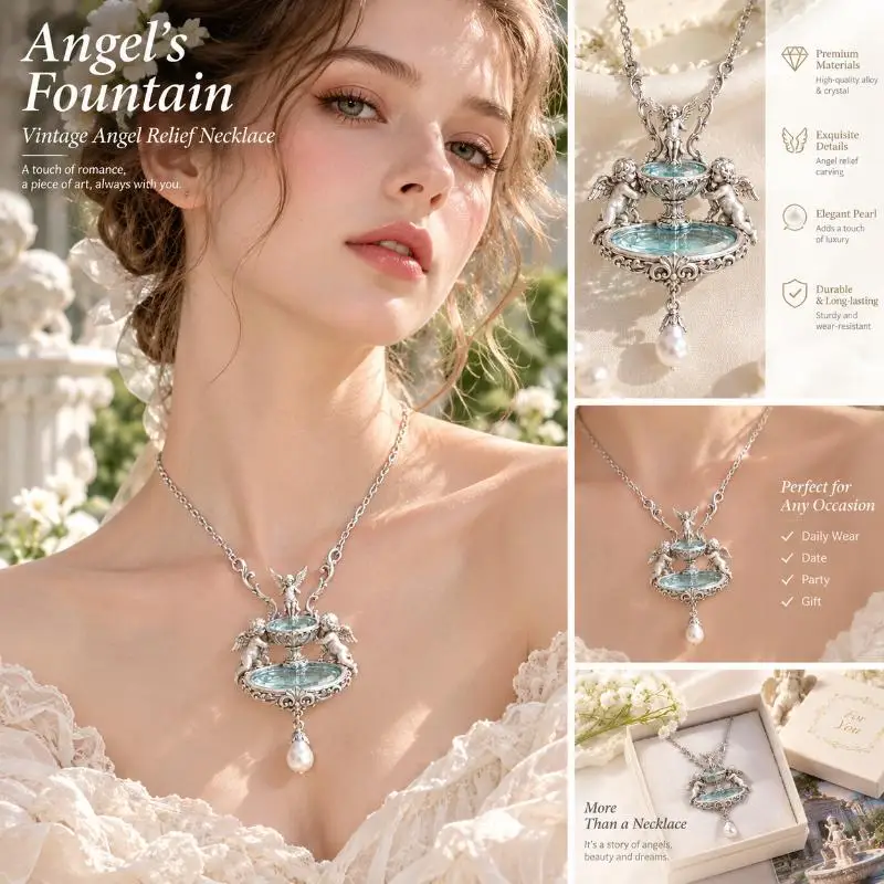 Ornate Wishing Fountain Cherub Necklace, Silver Tone With Hanging Teardrop Pendant, Elegant Women Jewelry Gift