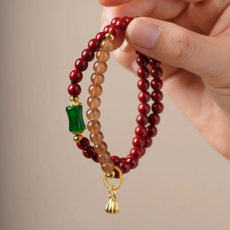 

Women's double-circle cinnabar with pendant, vintage simple style, unisex bracelet, zodiac year gift