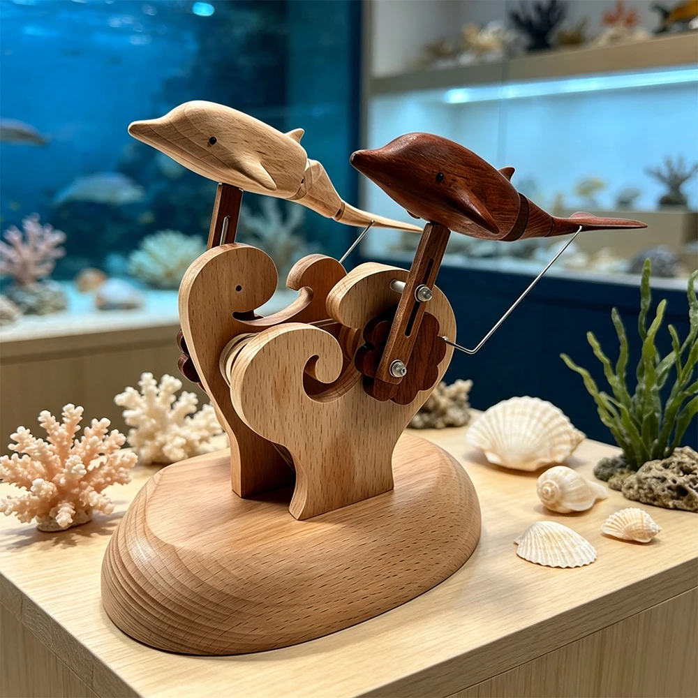 Wooden Dolphin Automaton Kinetic Sculpture, Mechanical Swimming Motion, Handcrafted Marine Art Desk Decor, USB Rechargeable