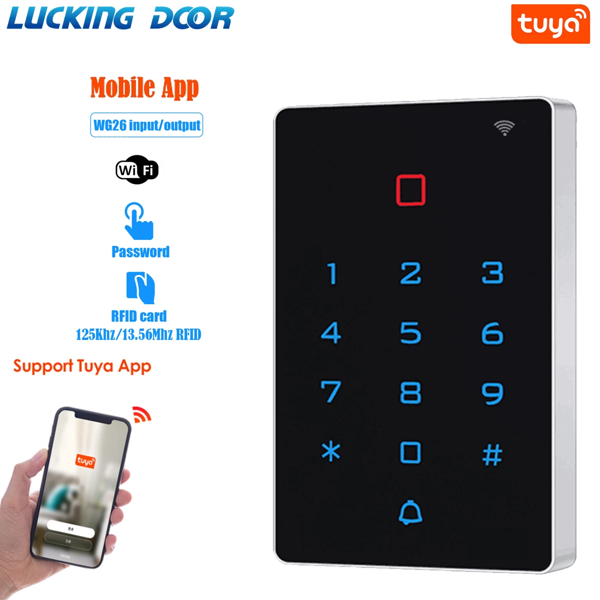 

Tuya APP RFID Keyless Access Control Keypad 125KHz or 13.56MHz Touch Screen Standalone Access Controller Card Reader 2000 User