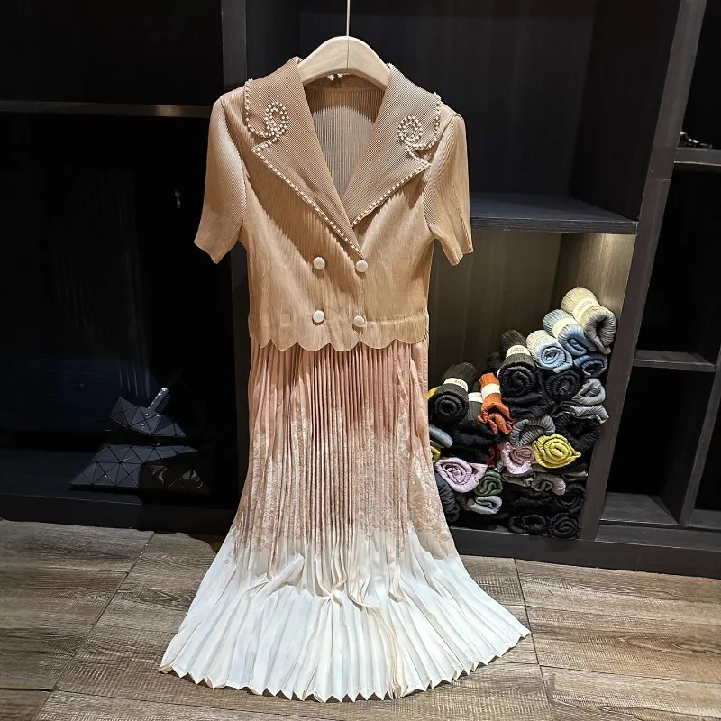 

Miyake Pleated Dress 2025 Summer New Suit Collar Beaded Fashion Printing Pleated Splicing Temperament Thin Commuter Dress Female