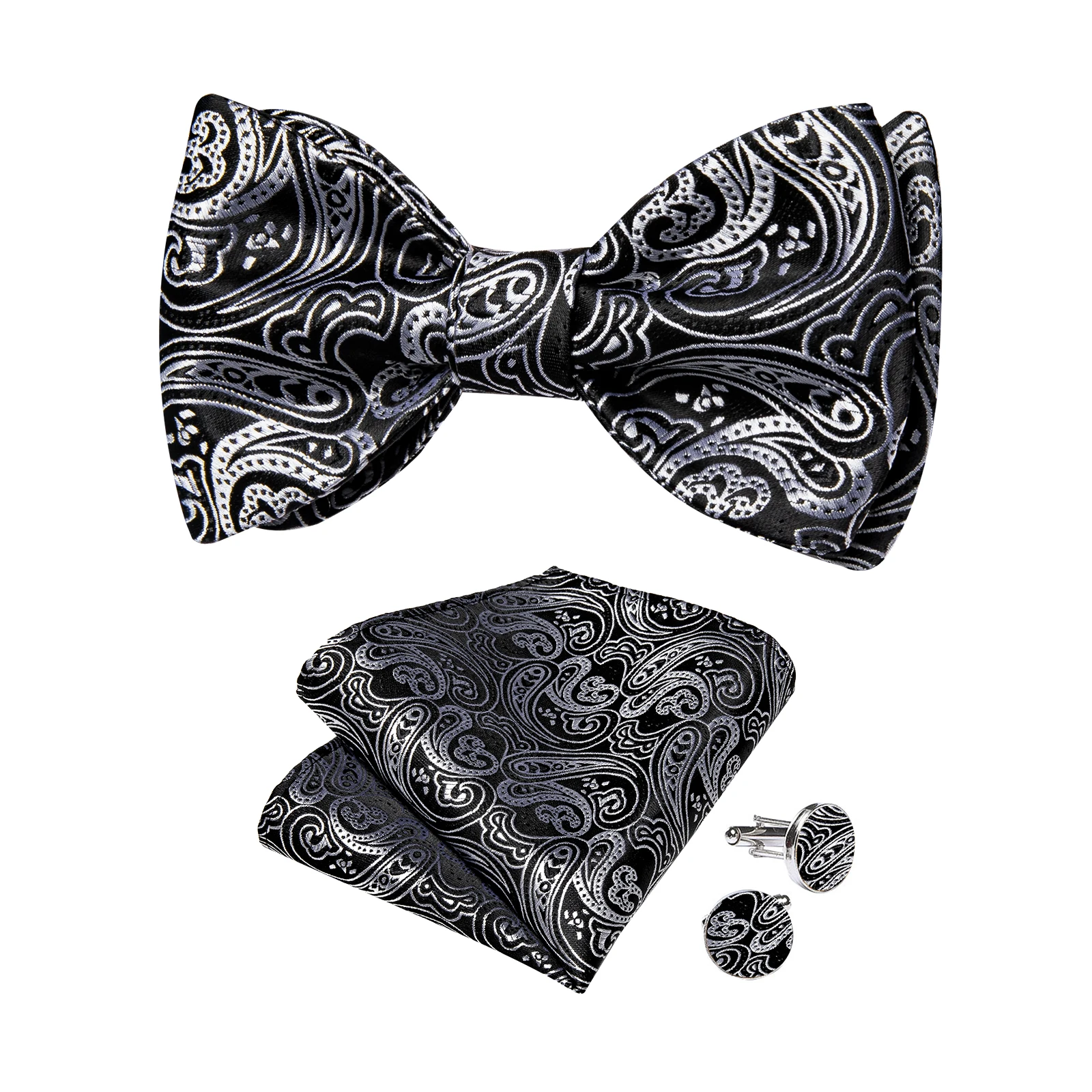 Luxury Black Sliver Floral Men\'s Bowties Fashion Party Official Bow Tie Hanky Cufflinks Suit Set For Man Groom Wedding Accessory