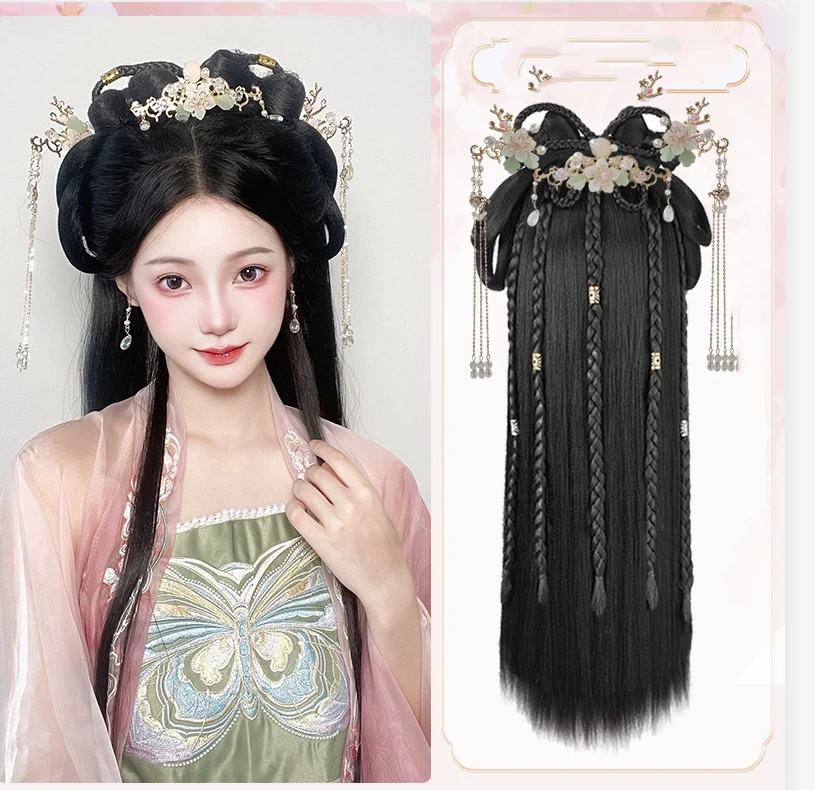 Hanfu Wigs Cosplay  Women Black Ancient Chinese Hanfu Wigs Headgear Accessories Hanfu Long Straight Wigs Black Wig Headband