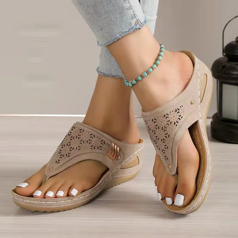 Summer Women's Wedge Sandals 2023 Clip Toe Orthopedic Arch Support Sandals Woman Pu Leather Non-Slip Soft Platform Flip Flops