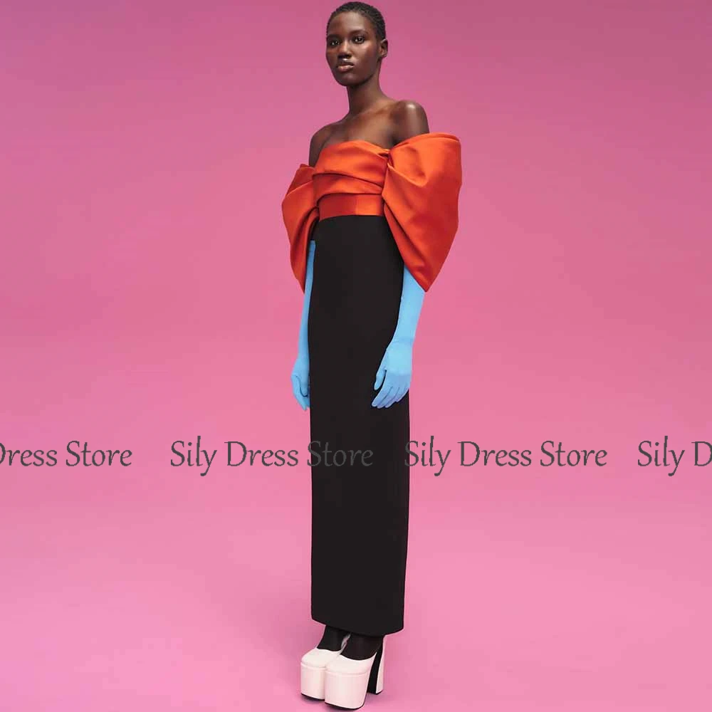 Klassische Kleider für besondere Anlässe, Mikado-Etui-Partykleider, orange und schwarz, schulterfreie Ballkleider mit Falten und Schlitz, lang