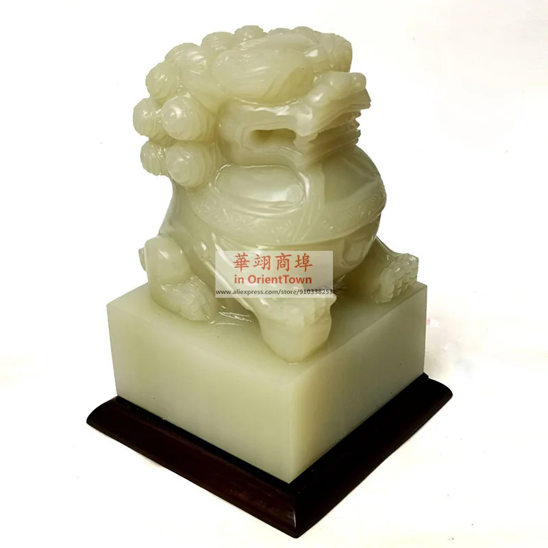 Green White Lion Jade Stone Seal Jewelry Collection Gift Base Cotton Box Certificate Engraving Painting Calligraphy Stamp Signet