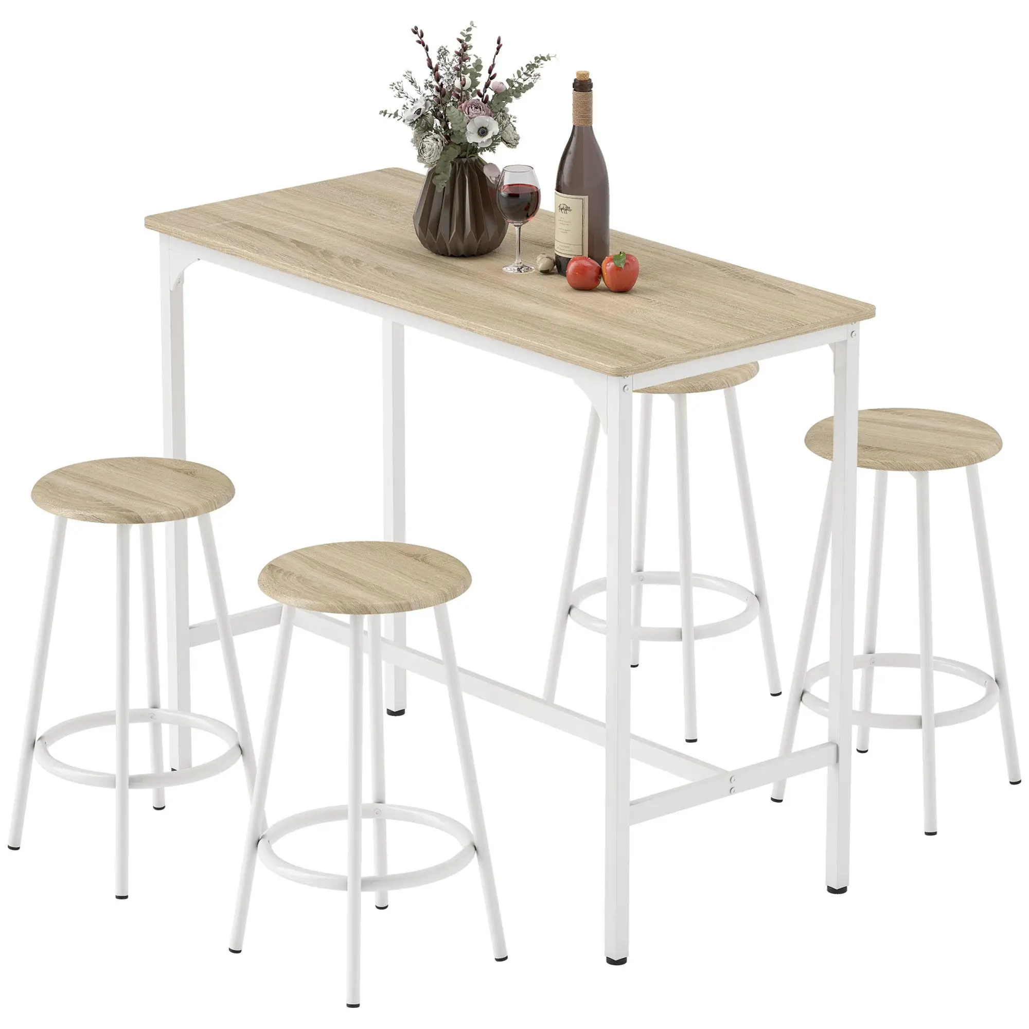 Juego de Mesa de Bar de 5 Piezas con 4 Taburetes, Estructura Metálica, Reposapiés, para Cocina, Sala de Estar, Madera Natural Blanca