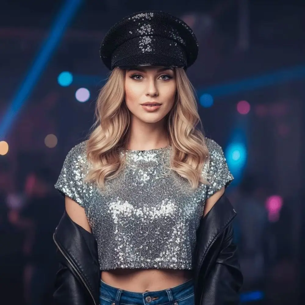 Fashion PU Leather Sequin Flat Top Hat Y2k Shiny Hats Sergeant Style Sunscreen Baseball Cap Women