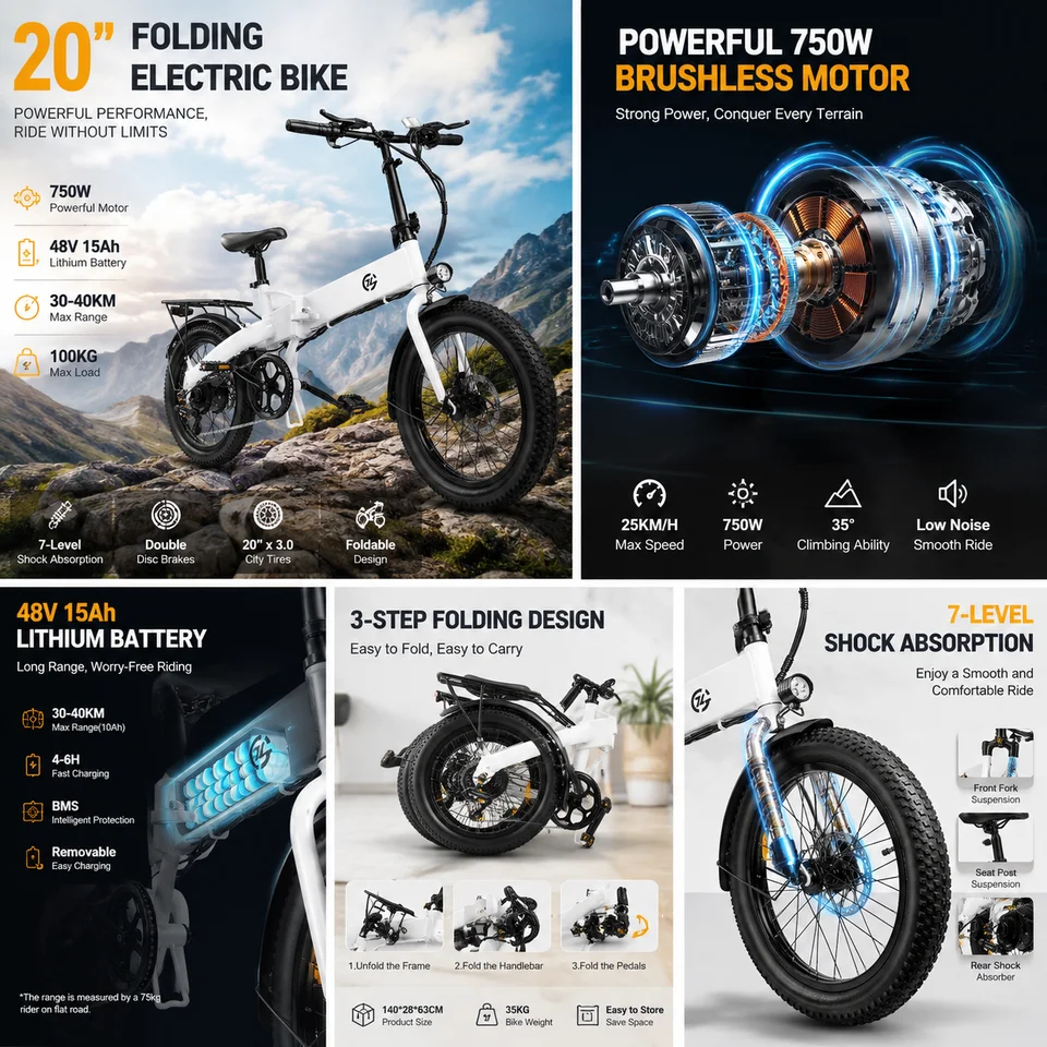 Powerful 750W Foldable Electric Bike 20 Inch Urban E-Bicycle 48V 15Ah Battery E-Bike Dual Disc Brakes 7-Level Shock Absorption image 4