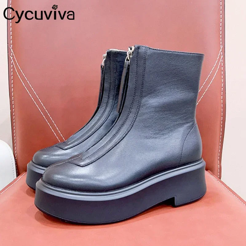 

Genuine Leather Platform Ankle Chelsea Boots Women Thick Sole Front Zipper Motorcycle Boots Autumn Casual Shoes Botas Mujer