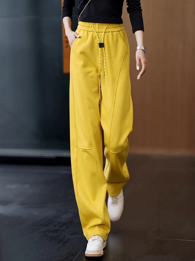 

Yellow Wide Leg Pants Women's Spring Autumn 2026 New Elastic High Waist Casual Sports Loose Drapey Sweatpants Street Style