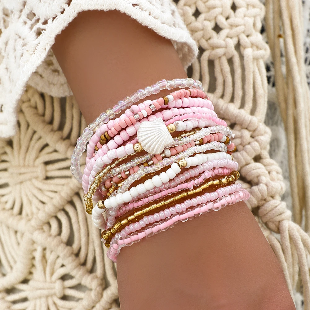 Pulsera elástica Simple para mujer, brazalete con cuentas de arroz, concha de viento, muchos colores, 17 unids/set