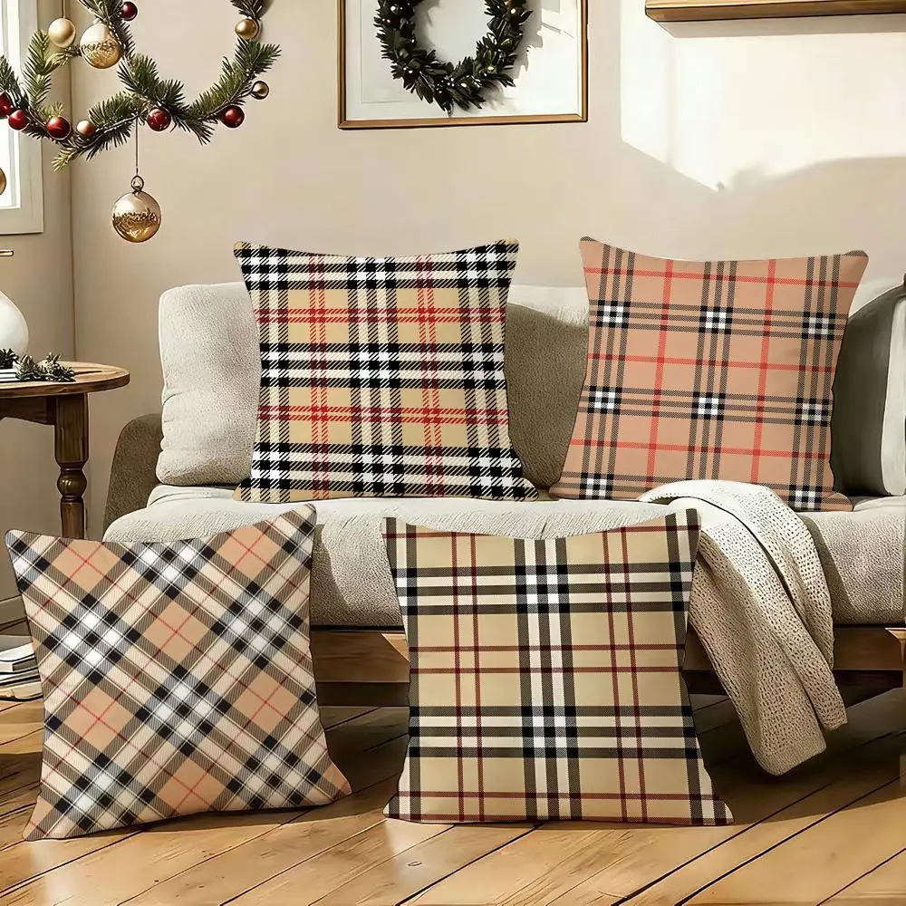 Classic brown plaid Cushion Cover Soft Plush Sofa Cushion Cover｜Double-Sided Printed Decorative Pillow Case｜Warm Home Gift