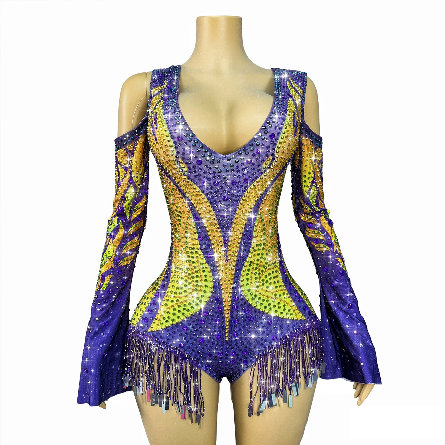 Women Sexy Off Shoulder Tassel Diamond Bodysuit Nightclub Bar Dj Performance Costumes Gogo Dancers Stage Dress Wearing DN22149