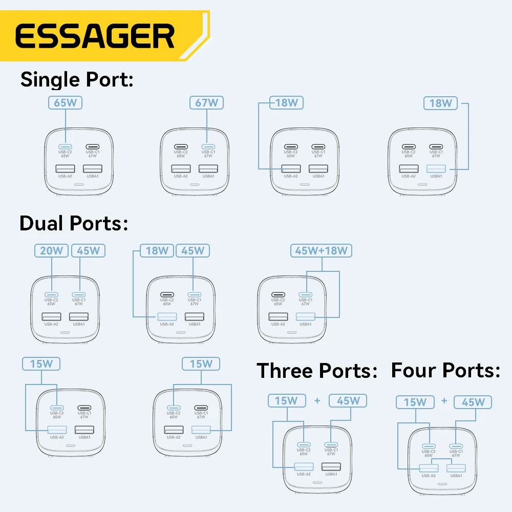 Essager 데스크탑 고속 충전 4.0, QC 3.0, PD C타입, 맥북, 삼성 POPC, 아이폰 15 노트북용, 67W USB C GaN 충전기