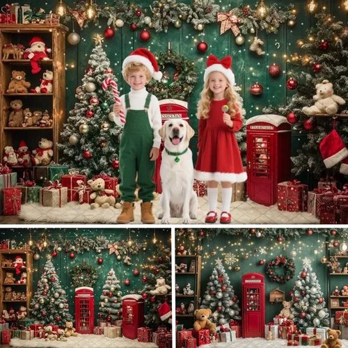 Fondo de fotografía de taller de regalo de Papá Noel, oso de juguete, árbol de Navidad, caja de letras, fondo brillante, retrato de cumpleaños de niño de invierno, fotomatón
