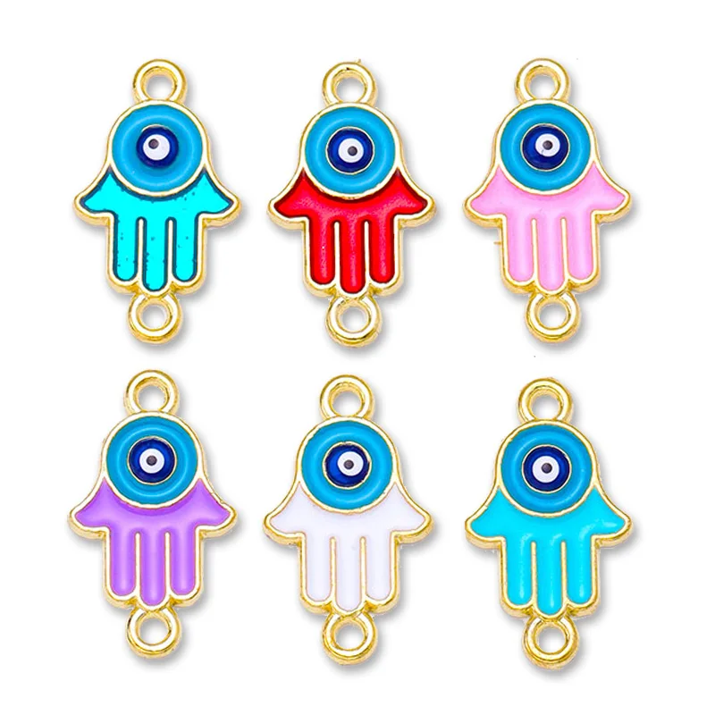 10Pcs 21*12MM Fatima Hands Enameled Eye Charm Jewelry Connector for B racelet Necklace Key chain DIY Handmade Accessory Amulet