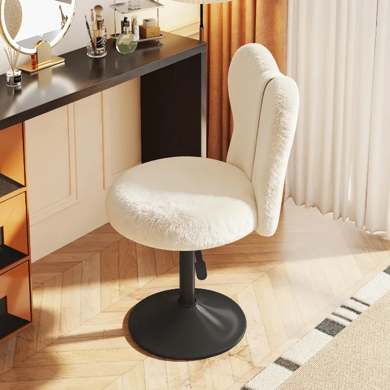 Adjustable Makeup Vanity Stool with Lamb Wool Upholstery Rotating Butterfly Backrest for Dressing Table, Height-Adjustable Chair