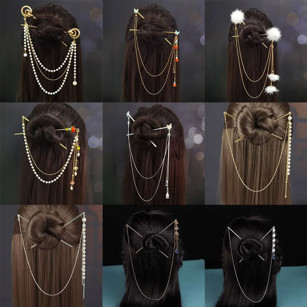 Fashion Pearl Tassel Hair Accessories Hair Fork Headdress Hair Sticks Double Strand Hairpins