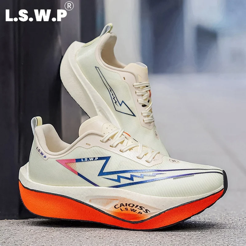 Professional Racing Training Running Shoes for Men and Women, Fly-Knit Breathable Mesh Sports Shoes, Thick-Soled Soft Elastic Midsole, Lace-Up Running Shoes, Non-Slip, Wear-Resistant Marathon Long-Distance Running Shoes, Student Outdoor Fitness Sports Shoes, Multi-Color Couple Running Shoes