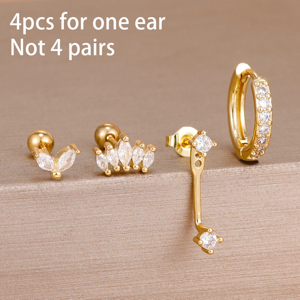 4PCS Stainless Steel Circle Huggie Hoop Earrings Set for Women Gold Color Unique Zircon Flower Stud Earring Piercing Jewelry