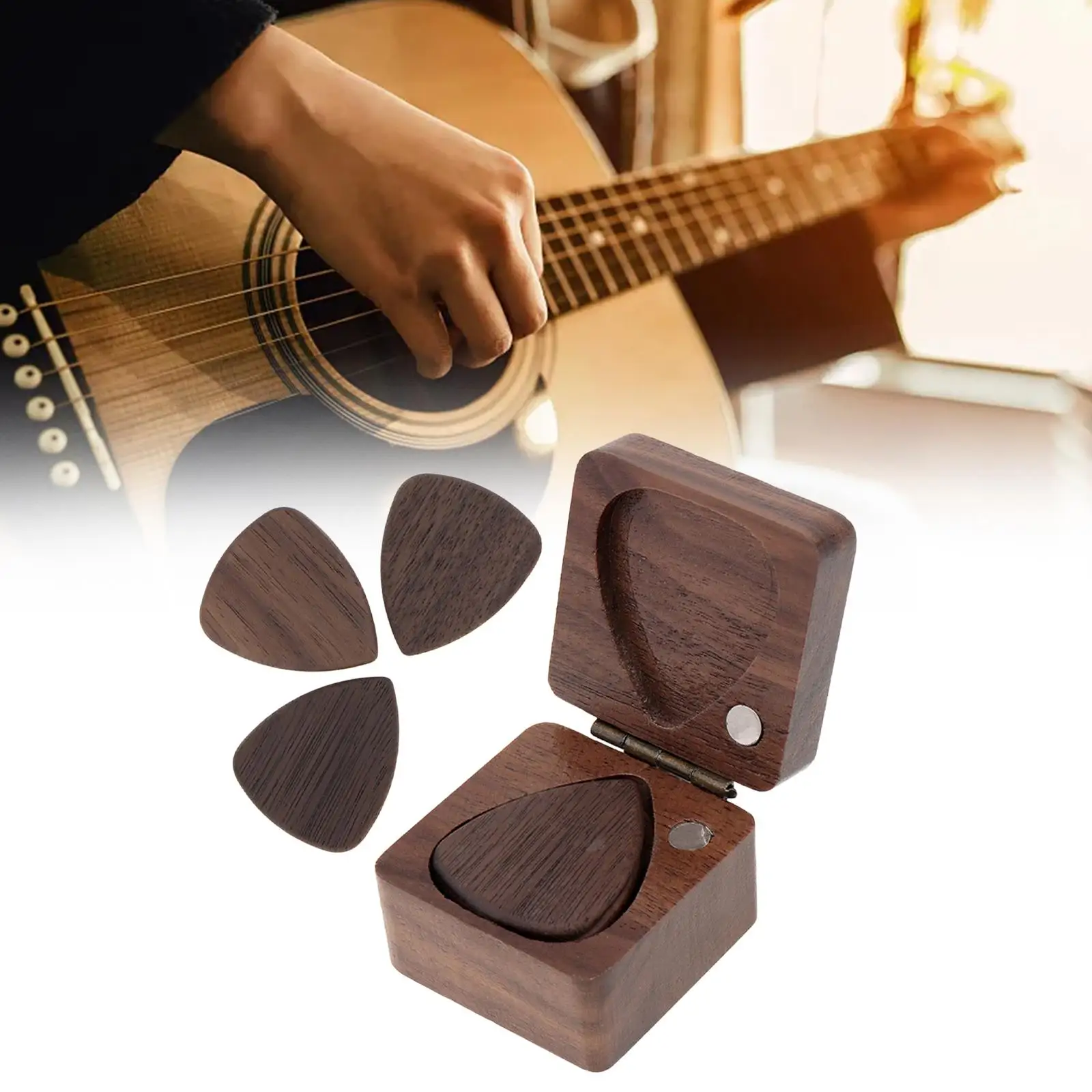 Wooden Guitar Picks Case Collections Durable Handmade with 3 Guitar Picks for