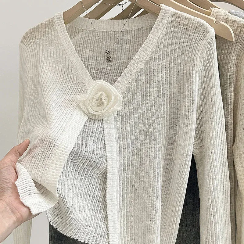 Casual Sun Protection Knitted Cardigan Women Summer Outdoor Long Sleeve Thin Outerwear Woman Loose Stretch Sheer Shawl Jacket