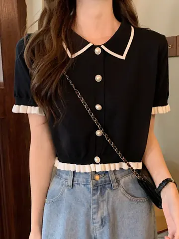 Sweet Women Shirt Korean Knitted Turn Down Collar Chic Short Sleeve Female Blouse Summer Retro Slim All Match Ladies Crop Tops