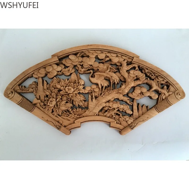 Fan Shaped Antique Wood Carving Ornament Camphor Wood Ornament Home Decoration Living Room Antique Shelf Decoration