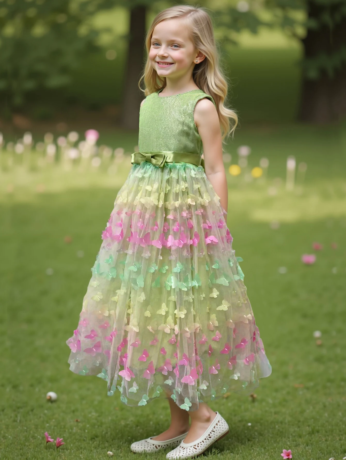 Girl\'s New Three-Dimensional Butterfly Sleeveless Mesh Bow Long Princess Dress Wedding Flower Girl Birthday Party Elf Dress