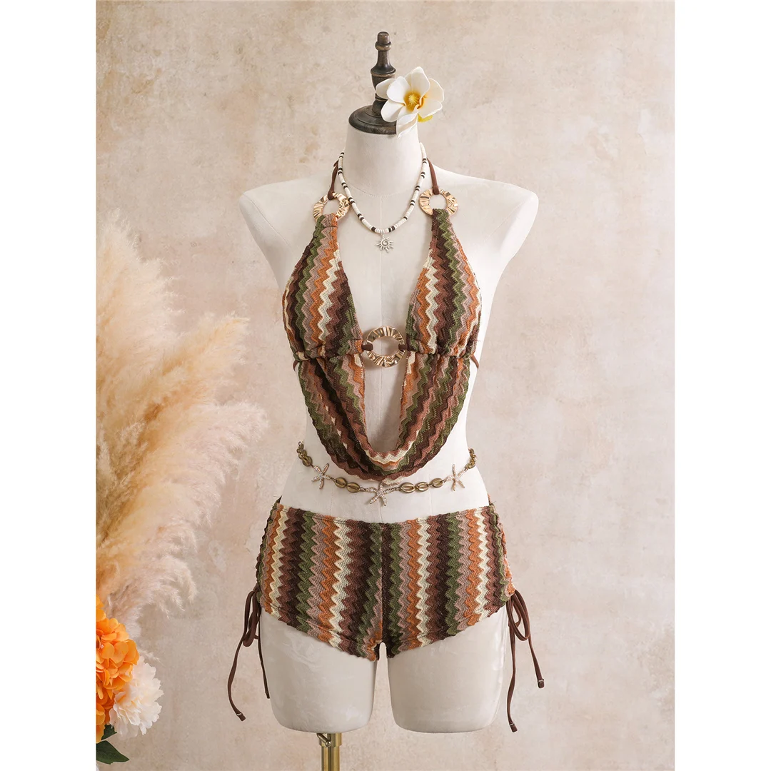 Gestreifter Tankini-Shorts-Bikini, Damen-Badeanzug, zweiteiliges Bikini-Set, gepolsterter Badeanzug, Badebekleidung, Modell V8344. – Detail 17