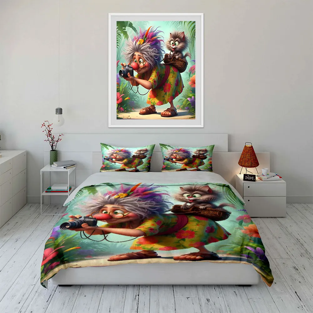 Colorful-haired lady with cat adventure Print Soft Comfortable Duvet Cover Bedding Set Included 1*Duvet Cover  2*Pillowcases