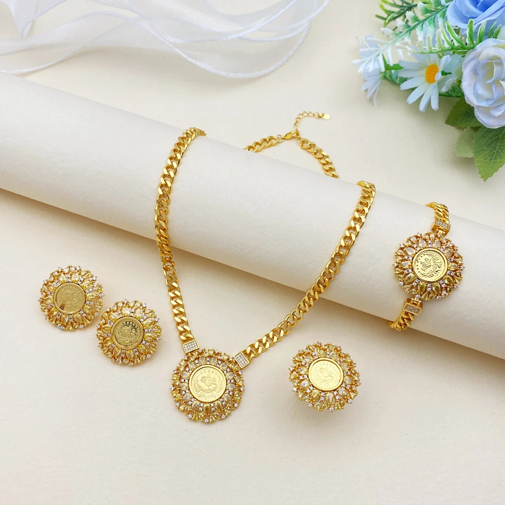 

Falair 4-Piece Coin Design Luxury Zircon Copper Jewelry Set, Festive Gift for Women’s Day Eid Party Wedding Anniversary ﻿