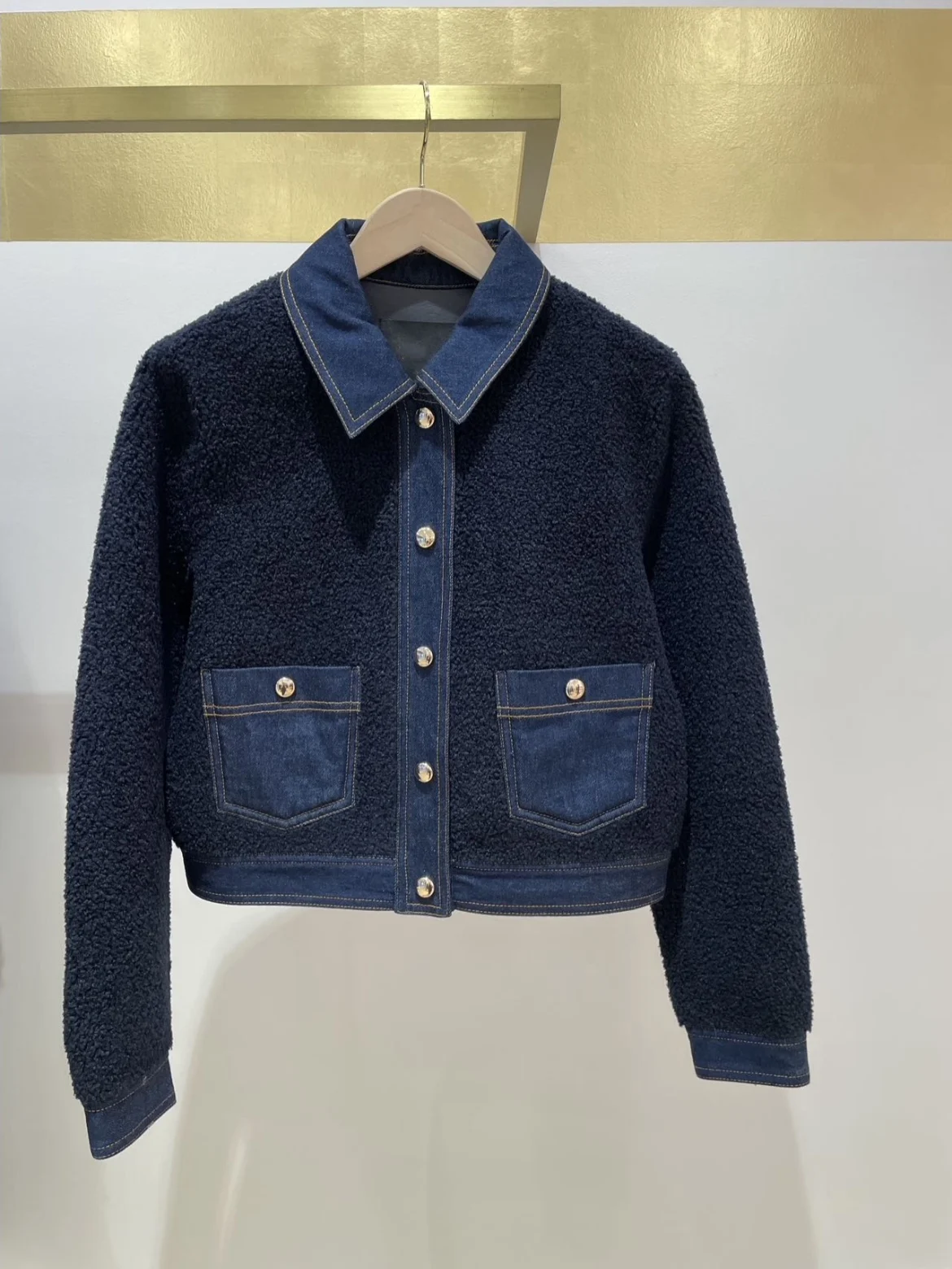 

Heidd M Home Early Spring Vintage Denim Patchwork Thick Warm Lamb Fur Open Cardigan Outerwear for Women Long Sleeve Button up