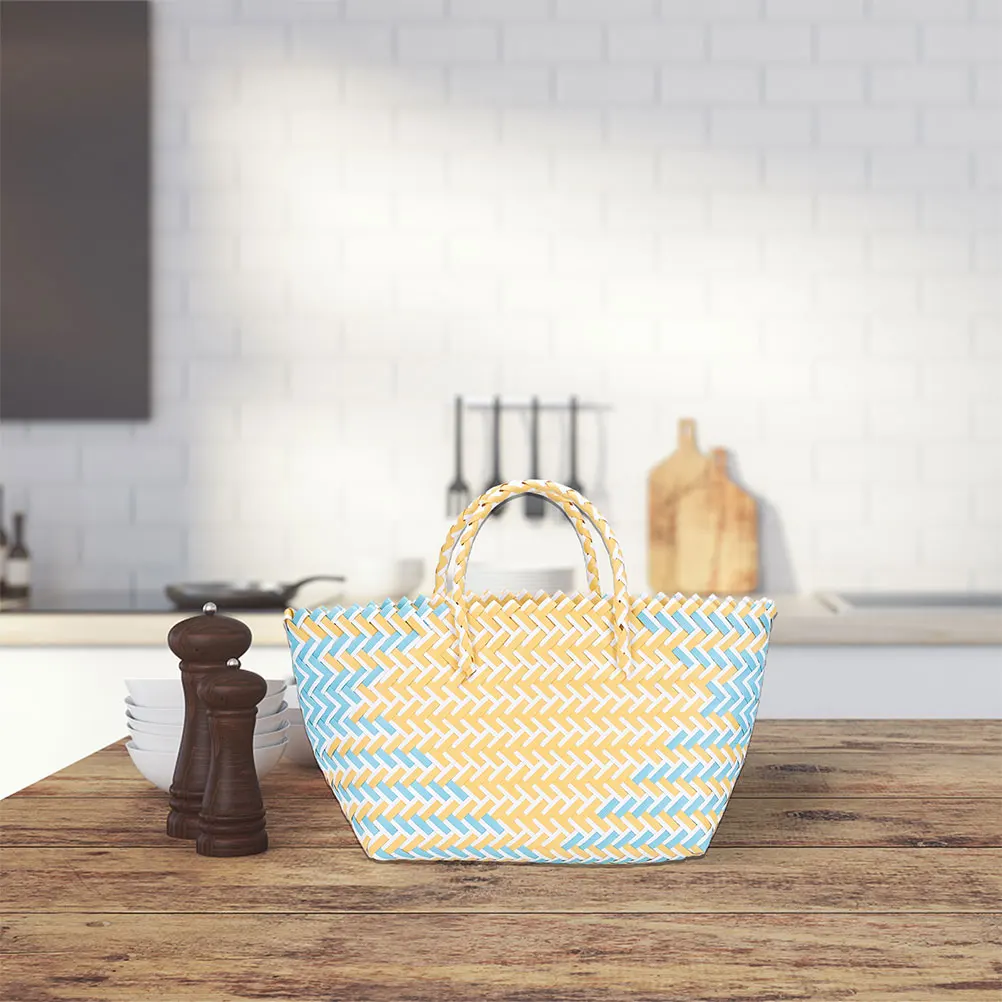 

Large Size Blue Yellow Striped Shopping Basket Plastic Woven Tote Bags for Women Reusable Grocery Bag Storage Bins Vegetable