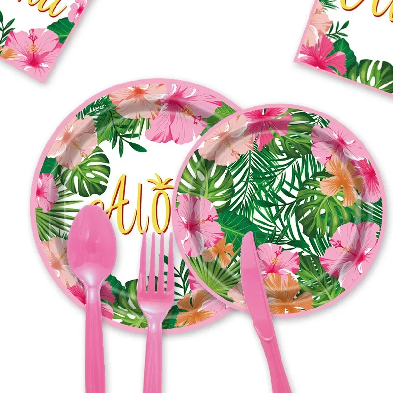 8Guests Aloha Pink Flower Disposable Tableware Aloha Luau Party Plates Napkin Summer Hawaii Happy Hawaii Birthday Party Supplies