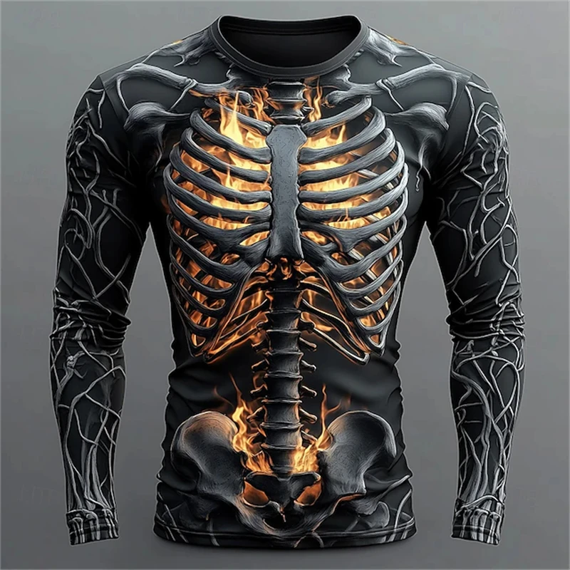 3D Flame Skull Pattern T-Shirt Men's Long-Sleeve Casual Fashion T-Shirt Top Sweatshirt Breathable Streetwear Oversized T-Shirt