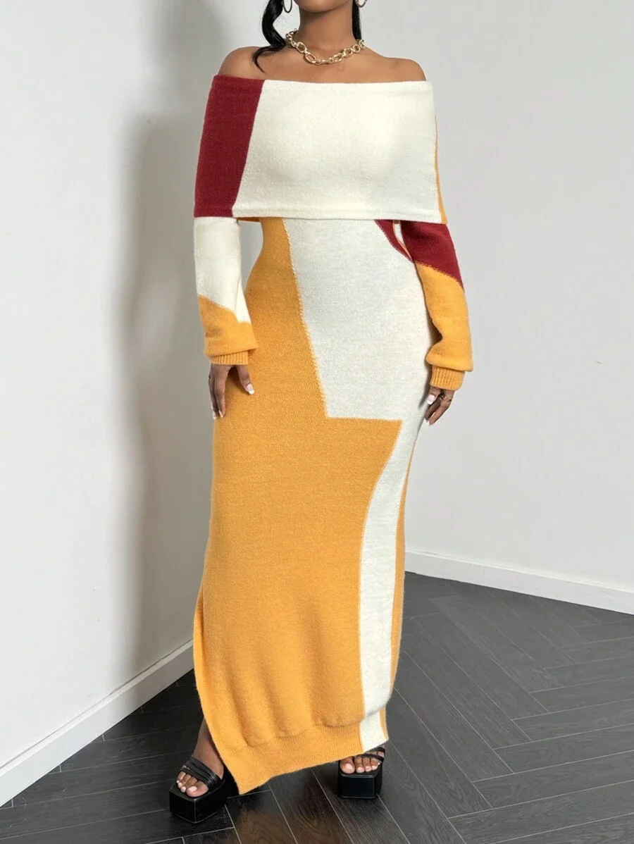 

Women Off Shoulder Knitted Sweater Dress Colorful Patchwork Long Sleeve Slim Fit