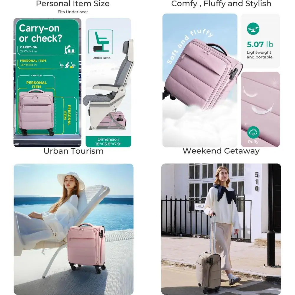 

Soft Rolling Underseat Bag with PVC Pockets, Lightweight Pinkish Purple Luggage for Short Trips