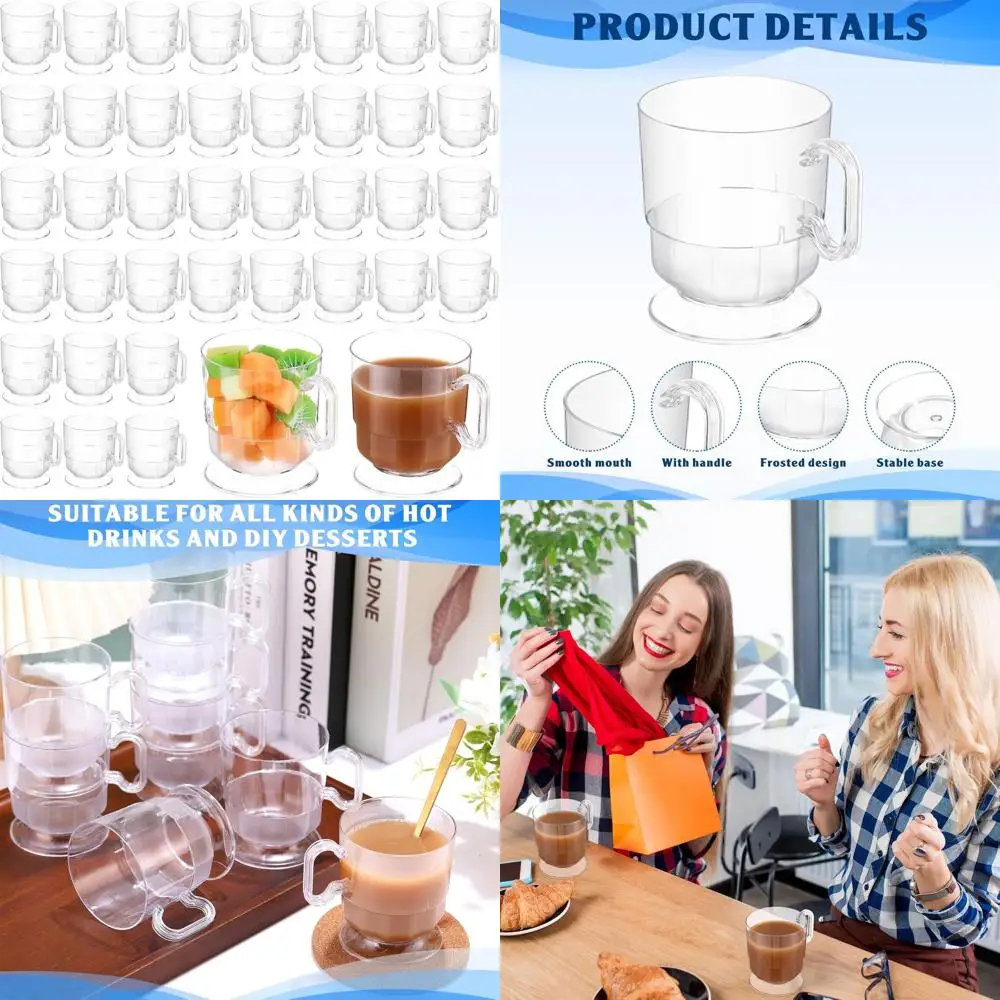 

8 oz Clear Hard Plastic Reusable Coffee Cups with Handle, 50 Pack for Tea Party, School, DIY, and Birthday Dessert